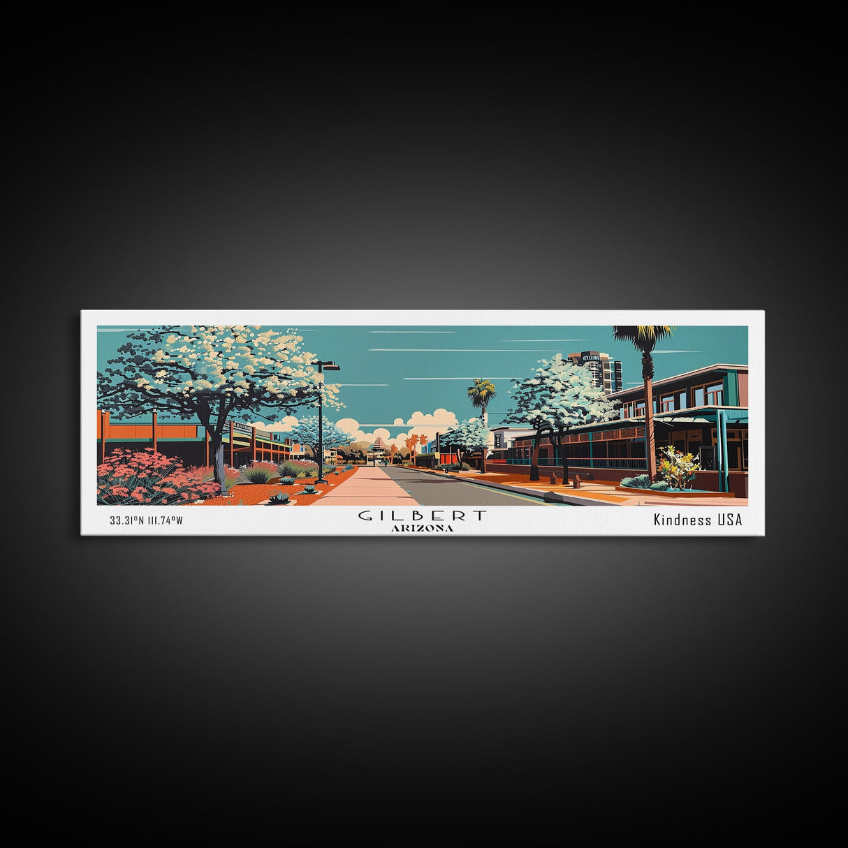 Gilbert Arizona Panoramic Painting, Framed Canvas Print, Mid Century Modern Wall Art, Retro Pop Art Travel Poster, Office Art, Cityscape Decor, Gift Idea