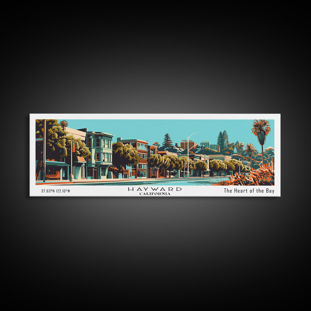 Hayward California Panoramic Painting, Framed Canvas Print, Mid Century Modern Wall Art, Retro Pop Art Travel Poster, Cityscape Decor, Office Wall Art, Home Decor