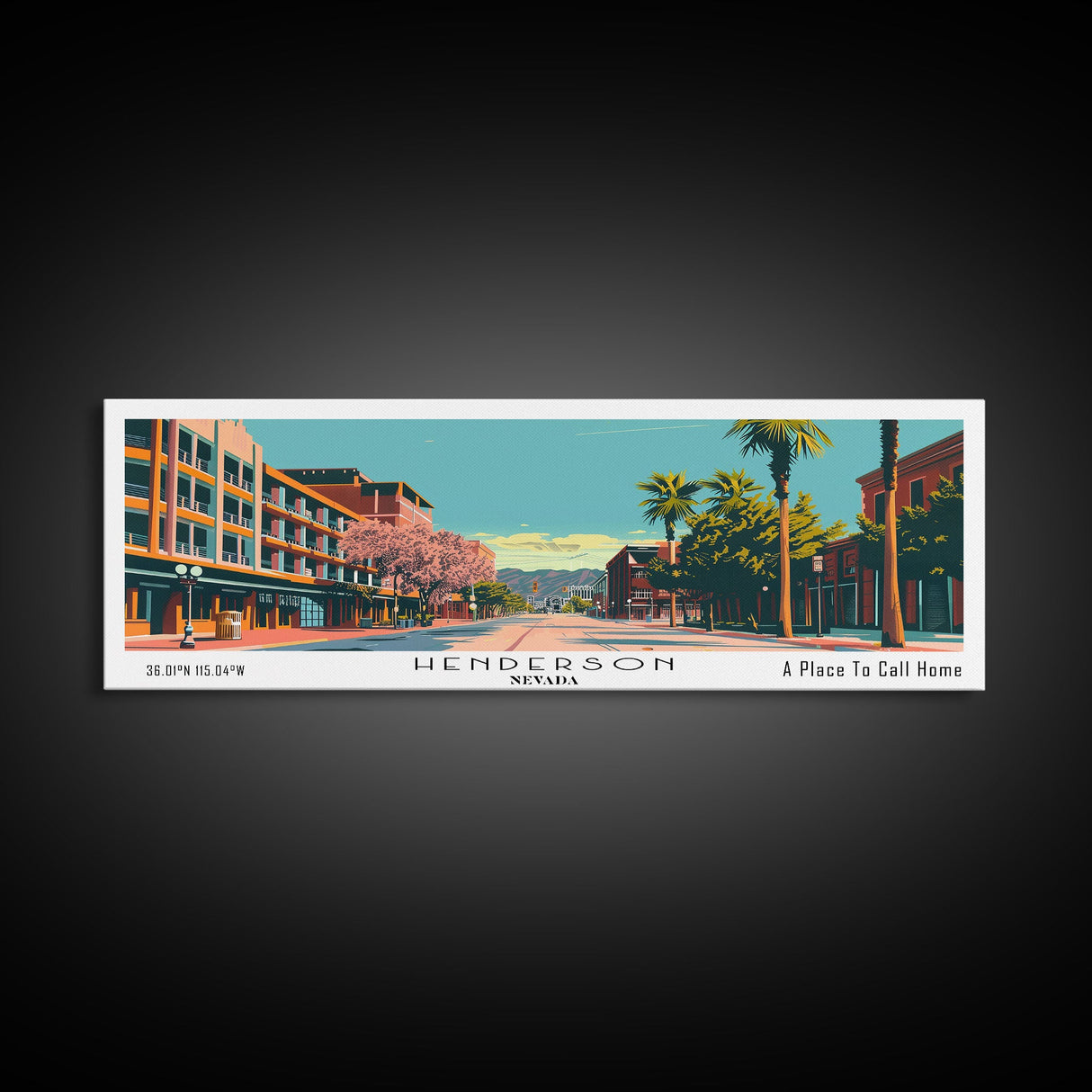 Henderson Nevada Panoramic Painting, Mid Century Modern Framed Canvas Print, City Art, Retro Pop Art Travel Poster, Living Room Decor, Home Office Art, Cityscape