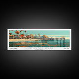 Huntington Beach California Panoramic Painting, Framed Canvas Print, Mid Century Modern Wall Art, Retro Pop Art Travel Poster, Cityscape Decor, Office Wall Art, Home Decor