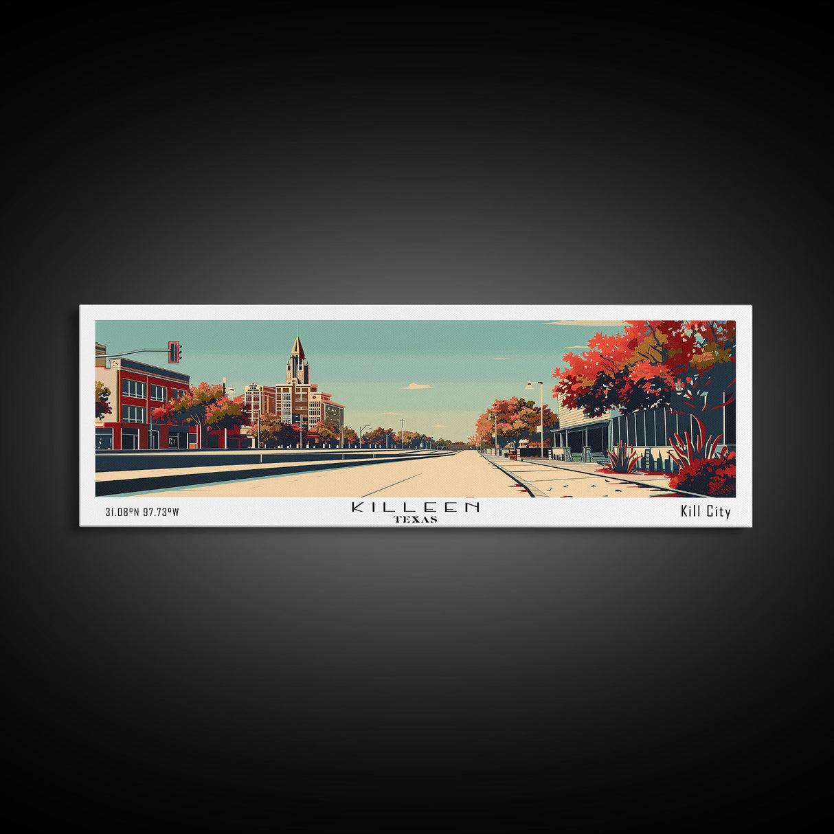 Killeen Texas Panoramic Painting, Mid Century Modern Framed Canvas Print, City Art, Retro Pop Art Travel Poster, Living Room Decor, Office Art, Cityscape Wall Art