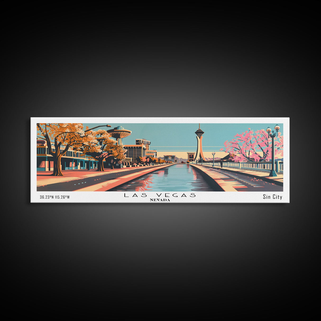 Las Vegas Nevada Panoramic Painting, Framed Canvas Print, Mid Century Modern Wall Art, Retro Pop Art Travel Poster, Cityscape Decor, Living Room Art, Office Wall Art