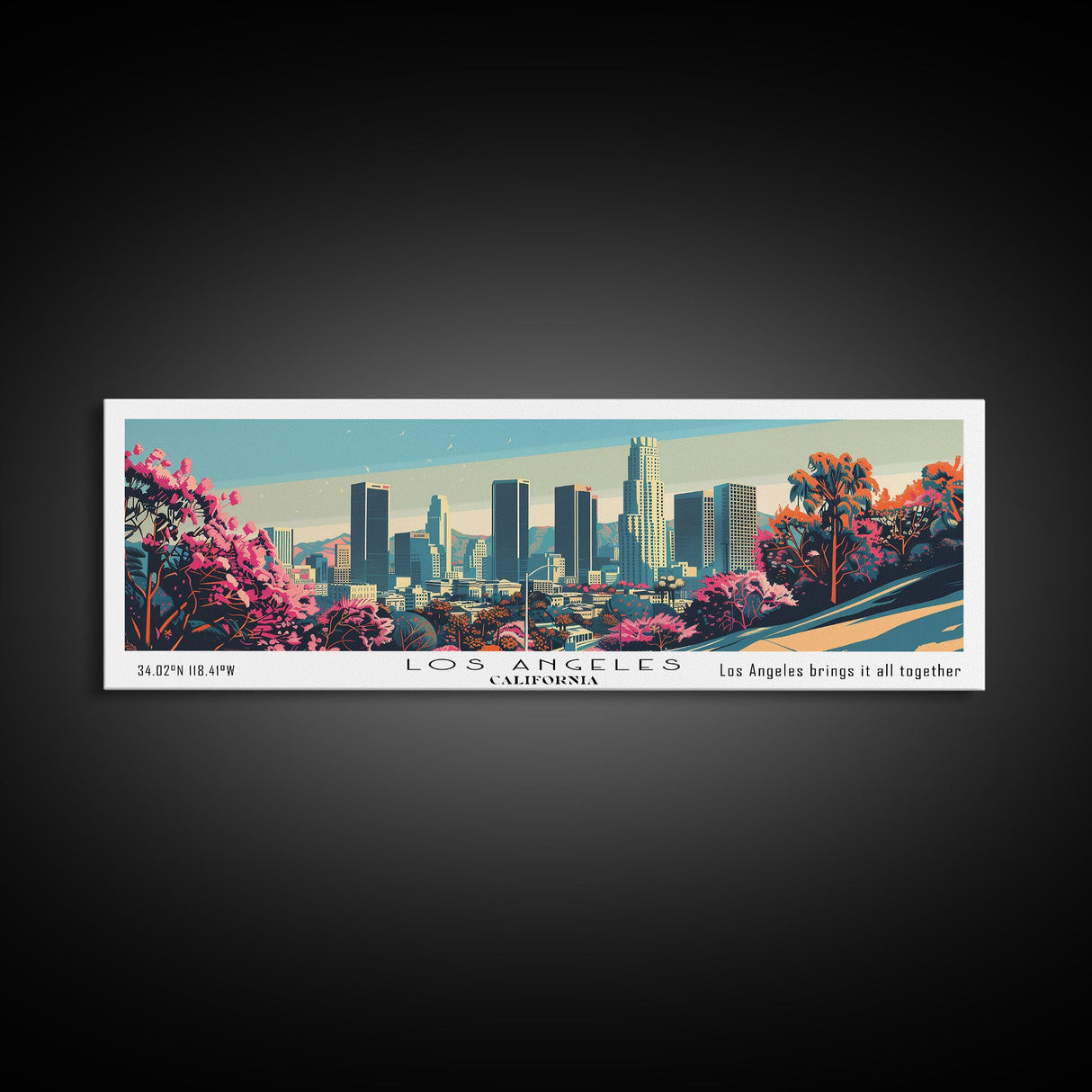 Los Angeles California Mid Century Modern Framed Canvas Print, Retro Pop Art Travel Poster, Home Decor, City Art, Panoramic Painting