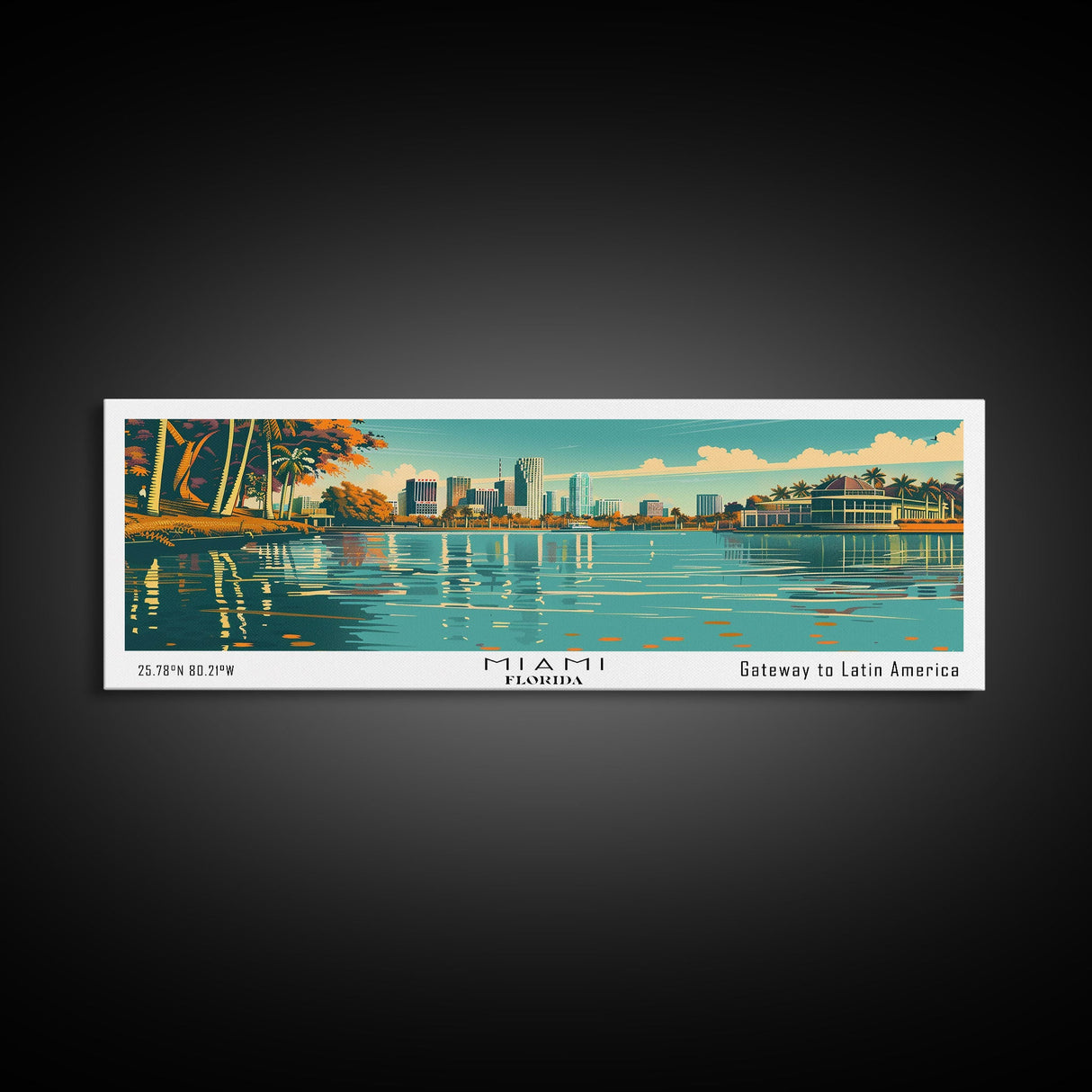 Miami Florida Panoramic View, Mid Century Modern Framed Canvas Print, Retro Pop Art Travel Poster, Home Decor, City Art