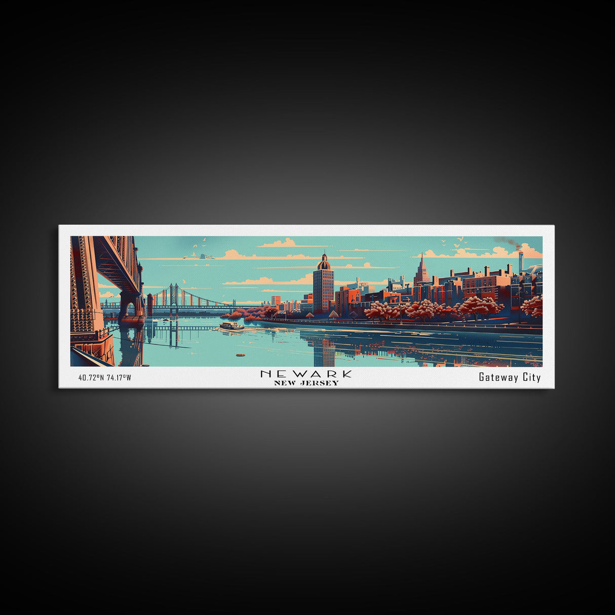 Newark New Jersey Panoramic Wall Art, Mid Century Modern Framed Canvas Print, Retro Pop Art Travel Poster, Office Decor, Gift Idea