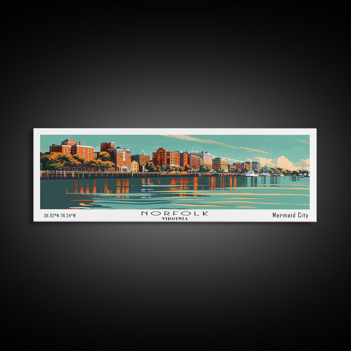 Norfolk Virginia Panoramic Painting, Mid Century Modern Framed Canvas Print, Retro Pop Art Travel Poster, Living Room Wall Decor