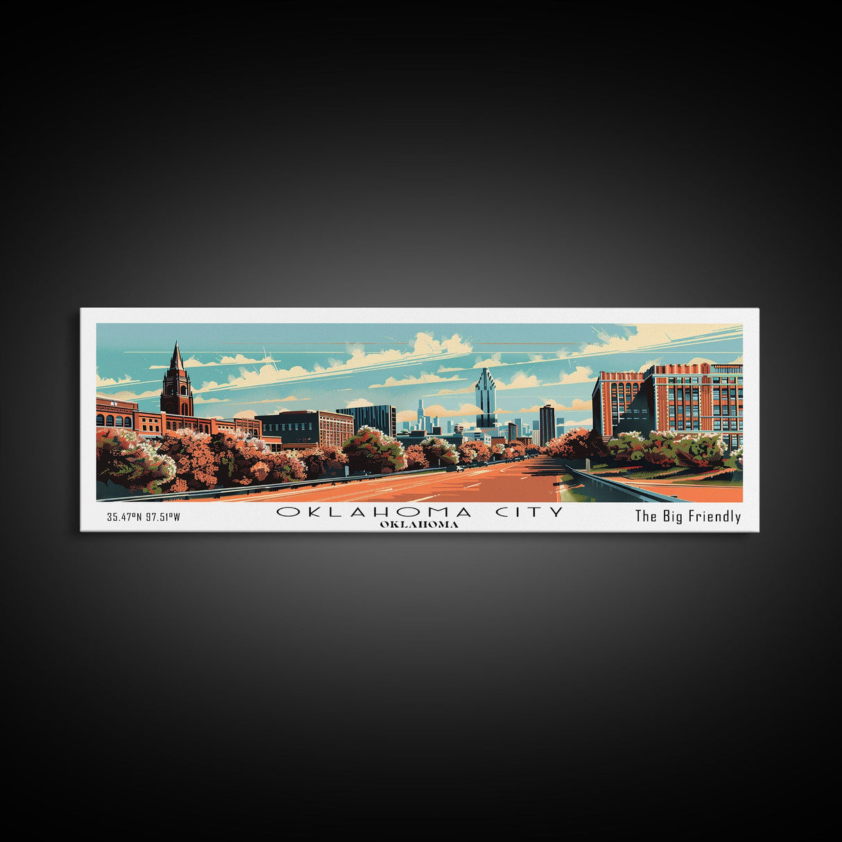 Oklahoma City Oklahoma Panoramic Wall Art, Mid Century Modern Framed Canvas Print, Retro Pop Art Travel Poster, Office Decor, Gift Idea