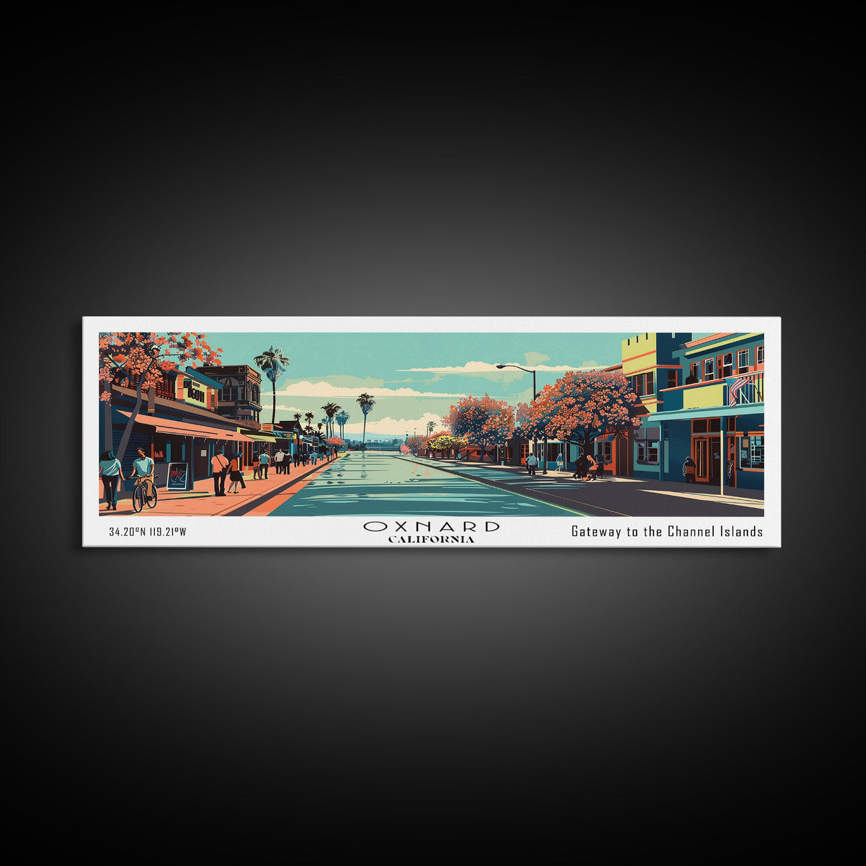 Oxnard California Panoramic Painting, Mid Century Modern Framed Canvas Print, Retro Pop Art Travel Poster, Living Room Decor, City Art