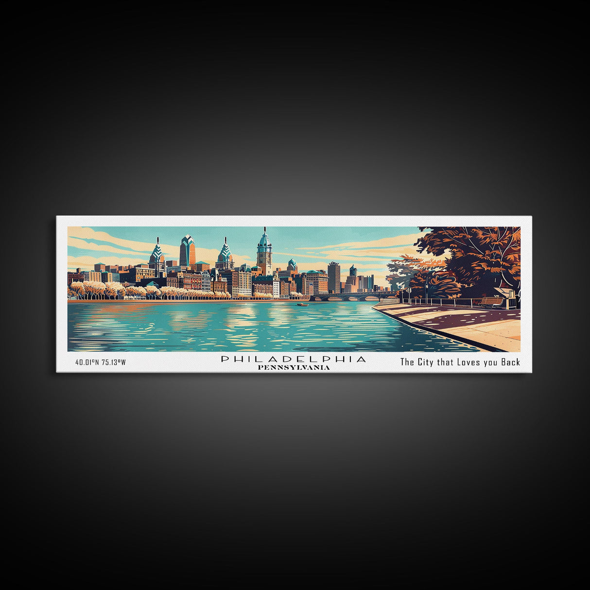 Philadelphia Pennsylvania Panoramic Painting, Mid Century Modern Framed Canvas Print, Retro Pop Art Travel Poster, Home Decor, Cityscape Art