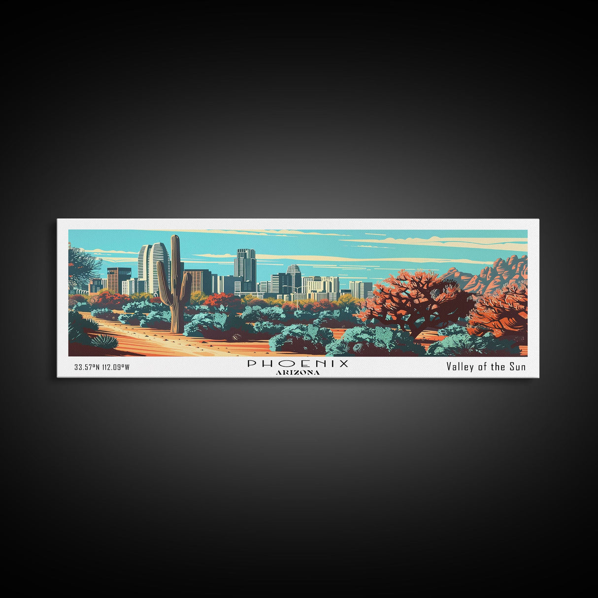 Phoenix Arizona Panoramic View, Mid Century Modern Framed Canvas Print, Retro Pop Art Travel Poster, Living Room Wall Decor