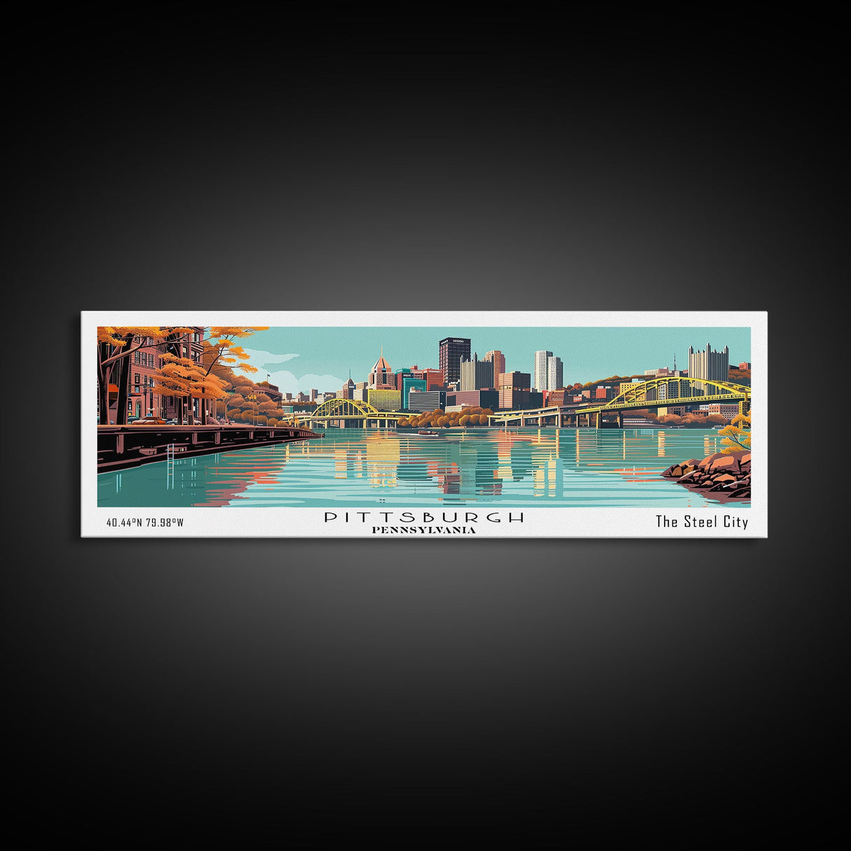 Pittsburgh Pennsylvania Panoramic Wall Art, Mid Century Modern Framed Canvas Print, Retro Pop Art Travel Poster, Office Decor, Gift Idea