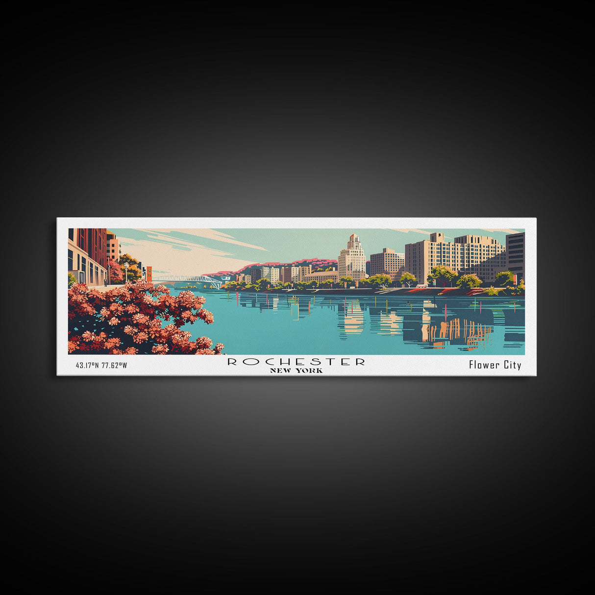 Rochester New York Panoramic Painting, Mid Century Modern Framed Canvas Print, Retro Pop Art Travel Poster, Cityscape, Home Decor, Office Wall Art