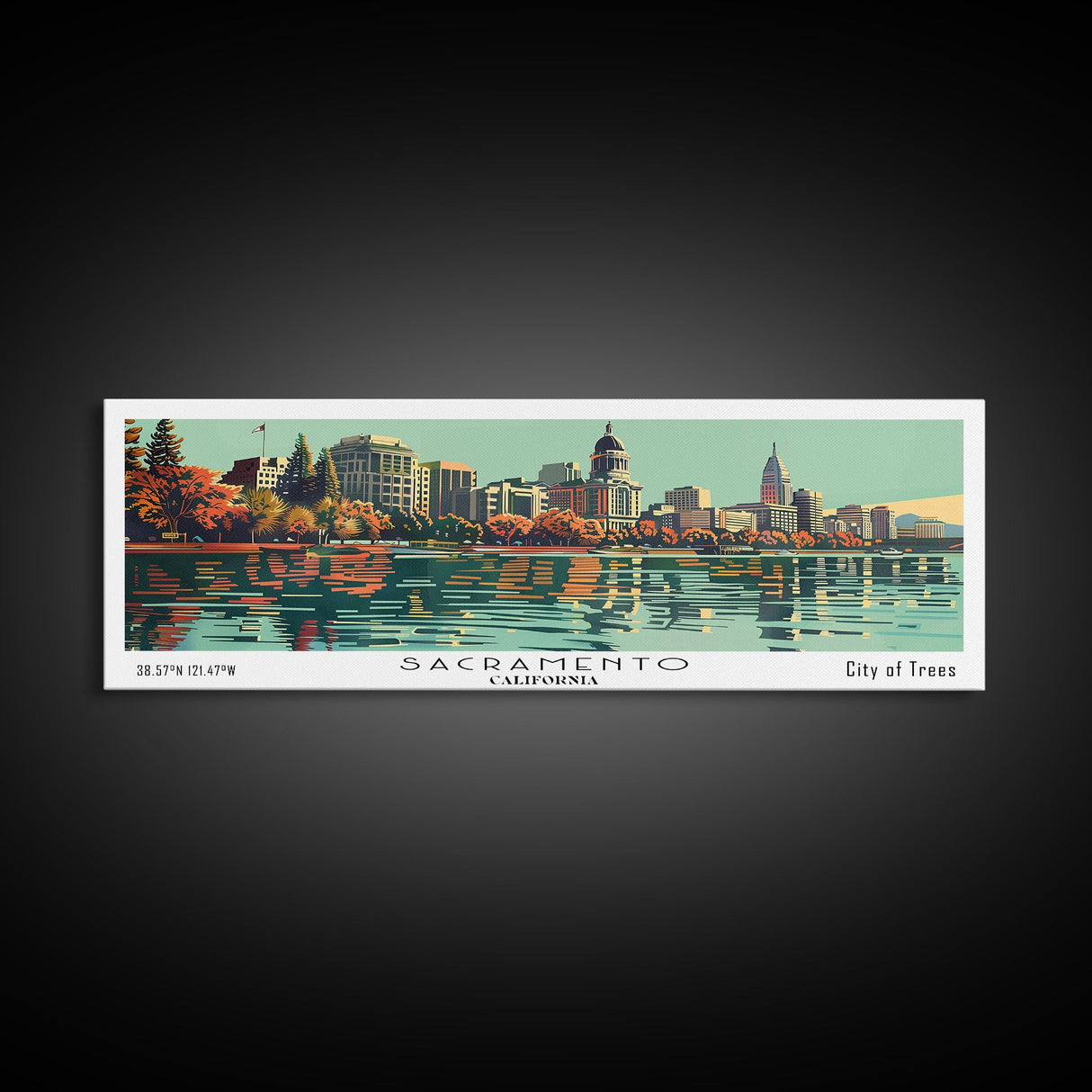 Sacramento California Panoramic Painting, Mid Century Modern Framed Canvas Print, Retro Pop Art Travel Poster, Cityscape, Home Decor, Office Wall Art