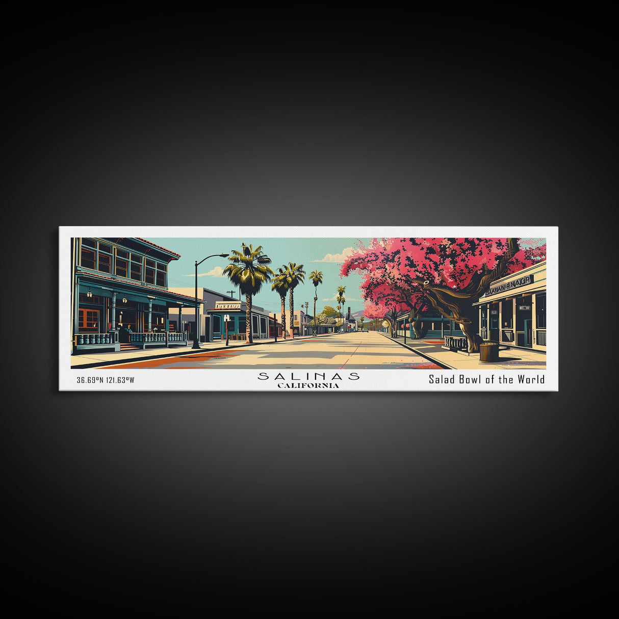 Salinas California Panoramic Painting, Mid Century Modern Framed Canvas Print, Retro Pop Art Travel Poster, Cityscape, Home Decor, Office Wall Art