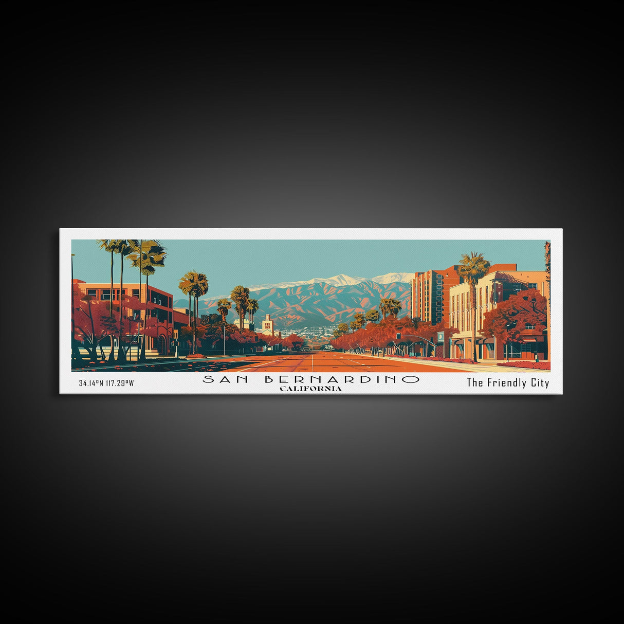 San Bernardino California Panoramic Wall Art, Mid Century Modern Framed Canvas Print, Retro Pop Art Cityscape, Travel Poster, Living Room Decor