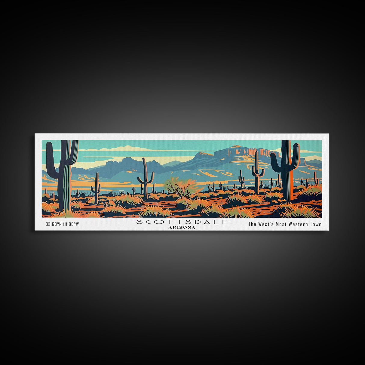 Scottsdale Arizona Panoramic Painting, Mid Century Modern Framed Canvas Print, Retro Pop Art Travel Poster, Cityscape, Home Decor, Office Wall Art