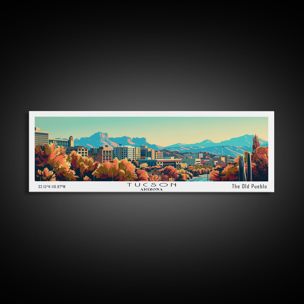 Tucson Arizona Panoramic Painting, Mid Century Modern Framed Canvas Print, Retro Pop Art Travel Poster, Cityscape, Home Decor, Office Wall Art