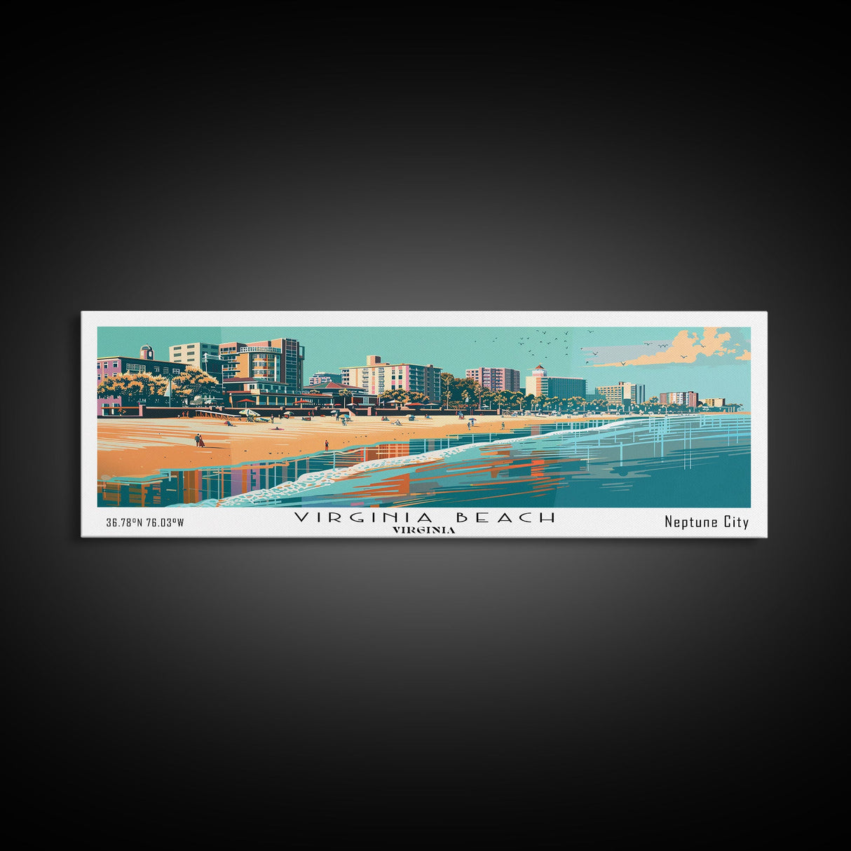 Virginia Beach Virginia Panoramic Wall Art, Mid Century Modern Framed Canvas Print, Retro Pop Art Travel Poster, Beach City Art, Home Office Decor