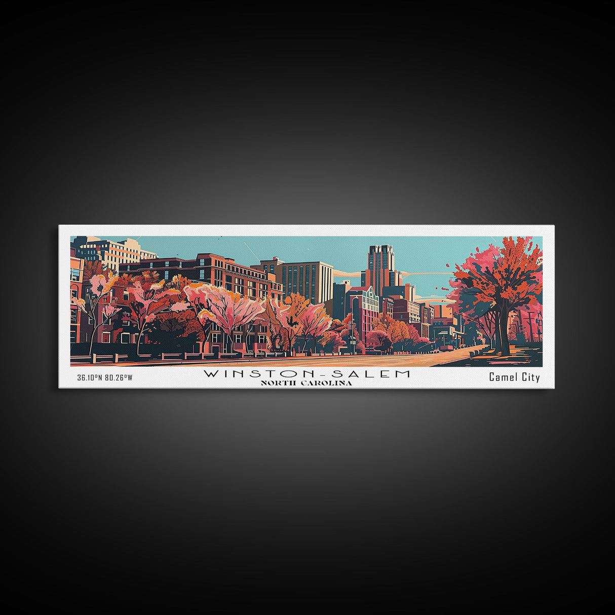 Winston-Salem North Carolina Panoramic Wall Art, Mid Century Modern Framed Canvas Print, Retro Pop Art Travel Poster, Cityscape Decor, Living Room Art