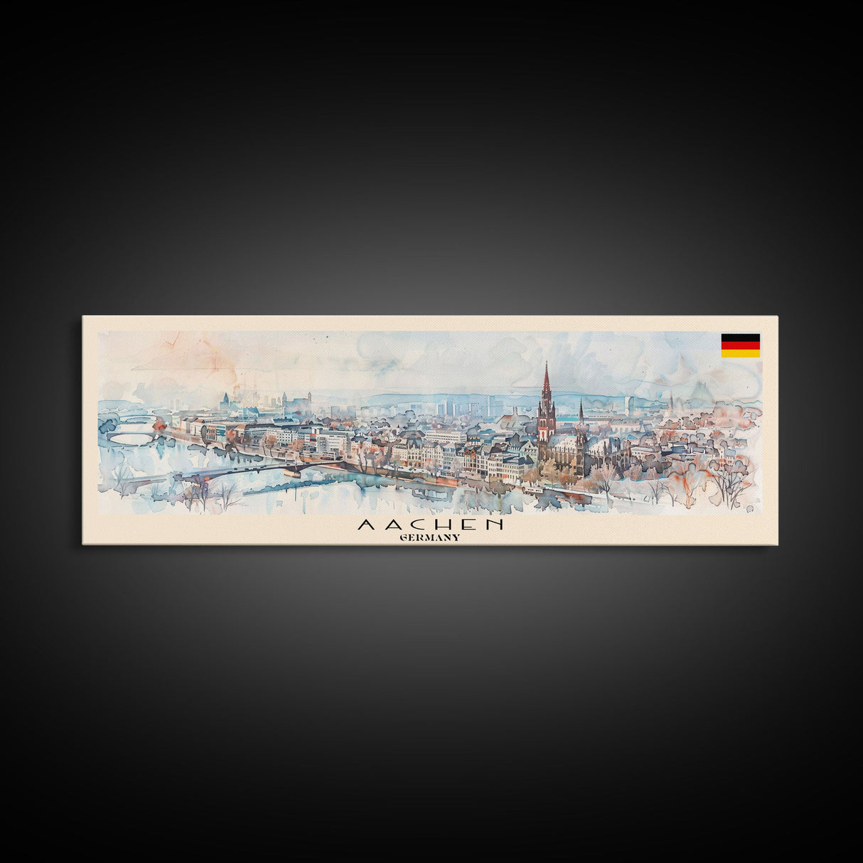 Aachen Germany  Panoramic Travel Poster, Framed Canvas Print or Metal Wall Art, Travel Art, Home Decor, Panoramic Painting, Midcentury Art