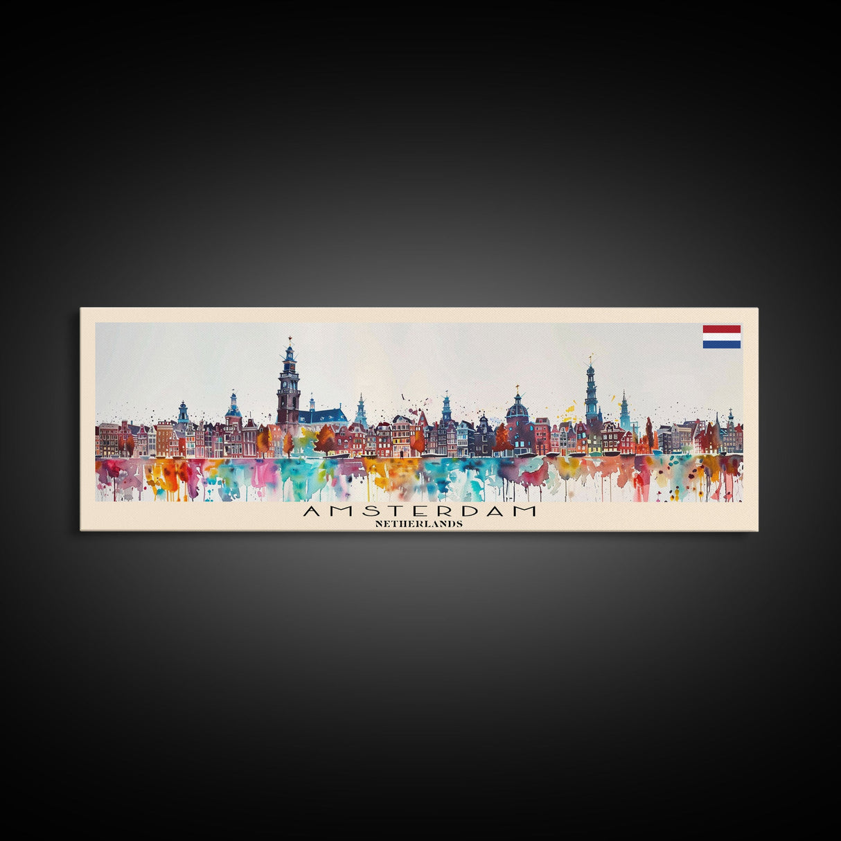 Amsterdam Netherlands Travel Art, City Art, Framed Canvas Print or Metal Wall Art, Europe Travel Poster, Panoramic Wall Art, Extra Wide Wall Art