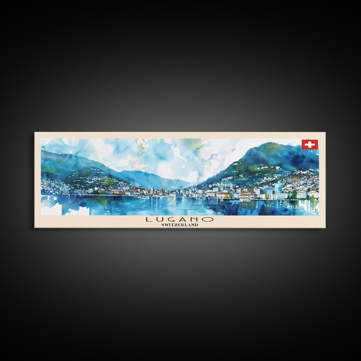 Lugano Switzerland Panoramic Travel Poster, Framed Canvas Print or Metal Wall Art, Travel Art, Home Decor, Panoramic Painting, Midcentury Art