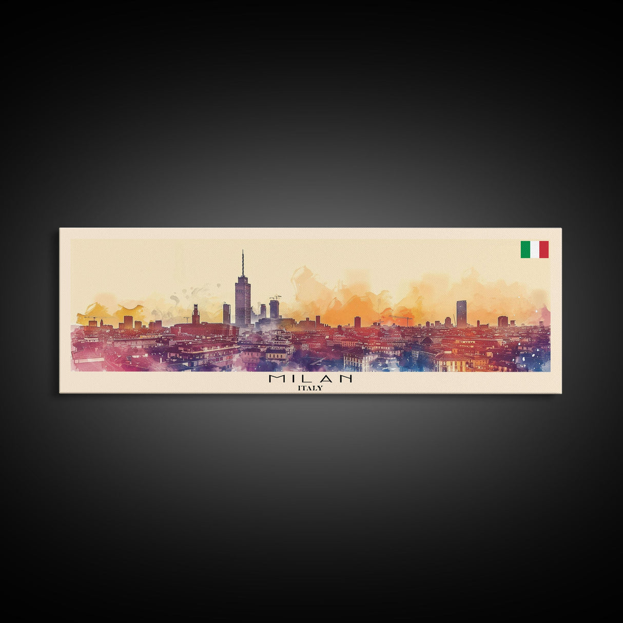 Milan Italy Panoramic Travel Poster, Framed Canvas Print or Metal Wall Art, Travel Art, Home Decor, Panoramic Painting, Midcentury Art