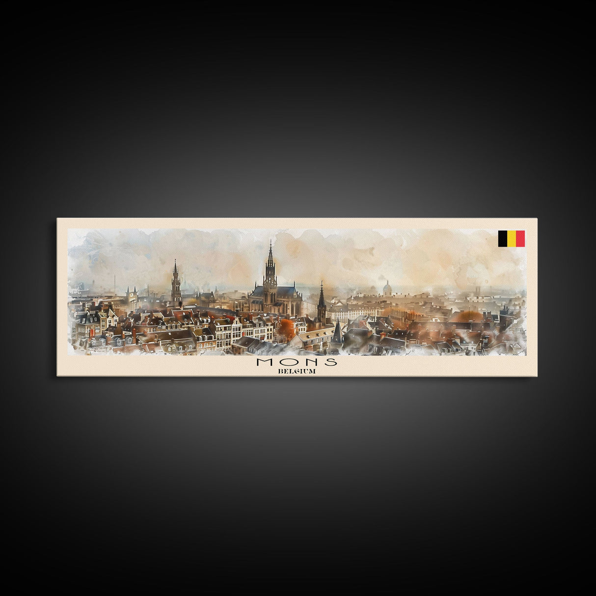 Mons Belgium Panoramic Travel Poster, Framed Canvas Print or Metal Wall Art, Travel Art, Home Decor, Panoramic Painting, Midcentury Art