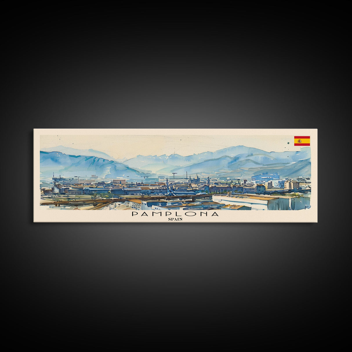 Pamplona Spain Panoramic Travel Poster, Framed Canvas Print or Metal Wall Art, Travel Art, Home Decor, Panoramic Painting, Midcentury Art