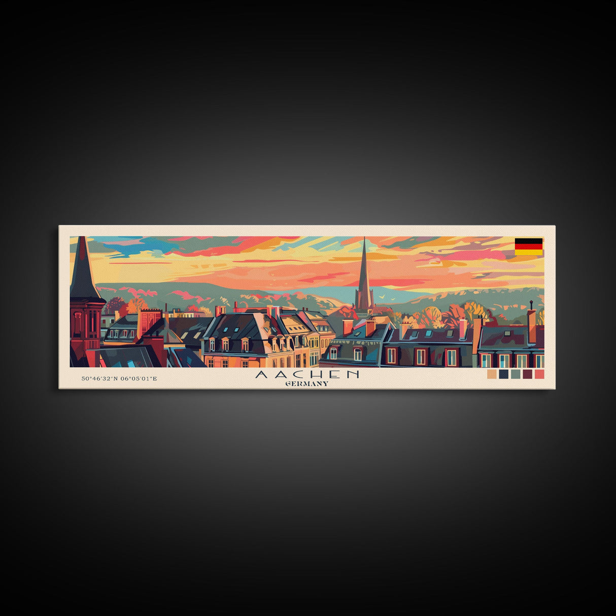 Aachen Germany  Panoramic Travel Poster, Framed Canvas Print or Metal Wall Art, Travel Art, Home Decor, Panoramic Painting, Midcentury Art