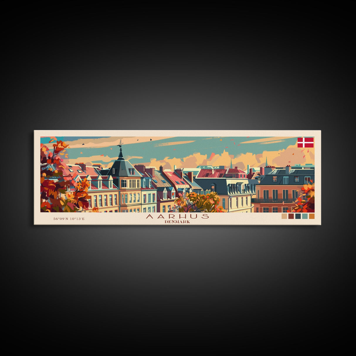 Aarhus Denmark  Panoramic Travel Poster, Framed Canvas Print or Metal Wall Art, Travel Art, Home Decor, Panoramic Painting, Midcentury Art