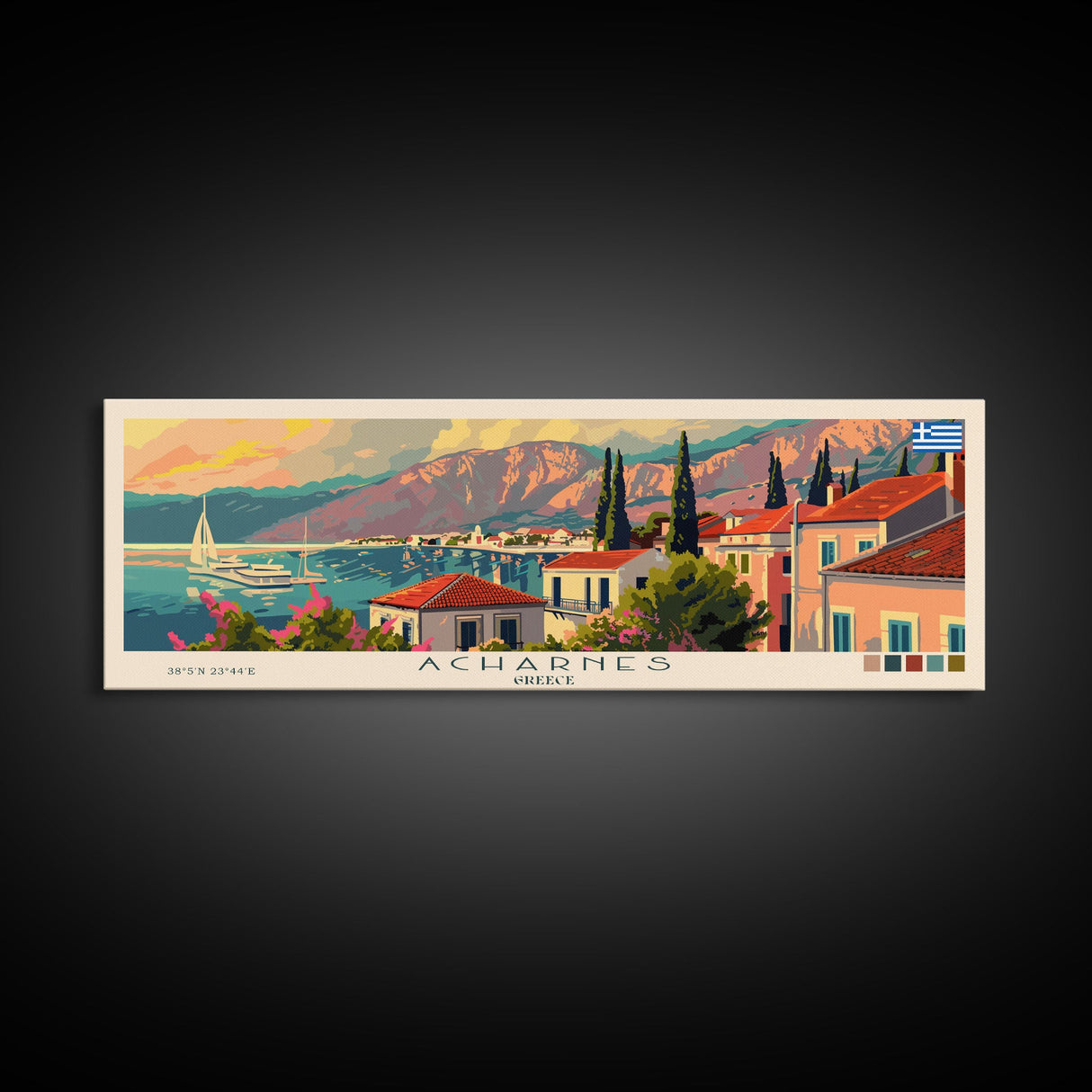 Acharnes Greece Travel Print Wall Art, Panoramic City Art, Travel Art, Wall Decor, Vacation Gift, Framed Canvas Print Or Metal Art