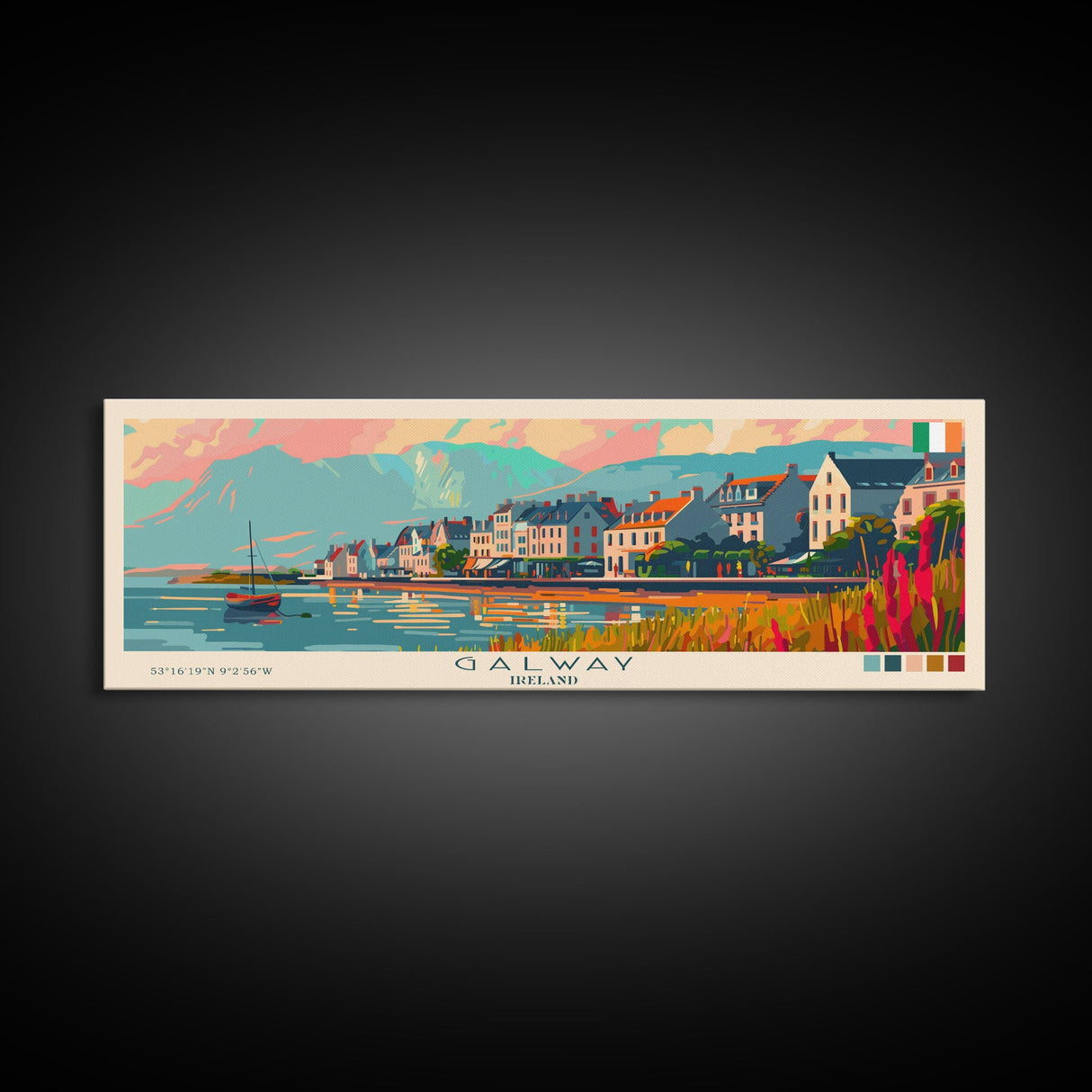 Galway Ireland Panoramic Travel Poster, Framed Canvas Print or Metal Wall Art, Travel Art, Home Decor, Panoramic Painting, Midcentury Art