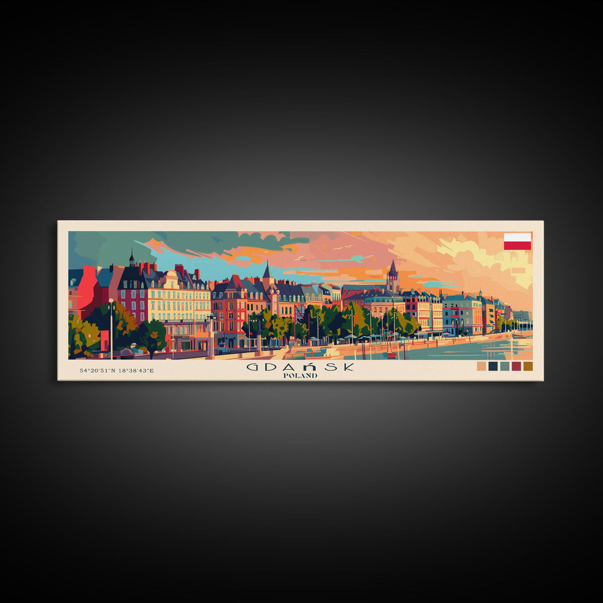 Gdansk Poland Travel Print Wall Art, Panoramic City Art, Travel Art, Wall Decor, Vacation Gift, Framed Canvas Print Or Metal Art