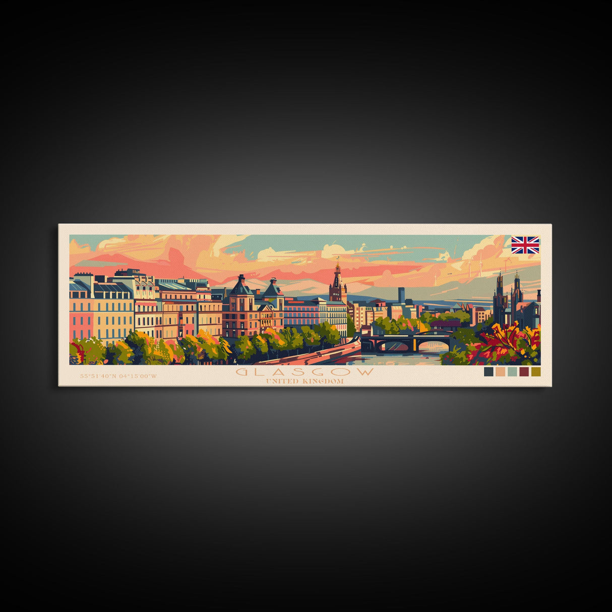 Glasgow United Kingdom Travel Art, City Art, Framed Canvas Print or Metal Wall Art, Europe Travel Poster, Panoramic Wall Art, Extra Wide Wall Art