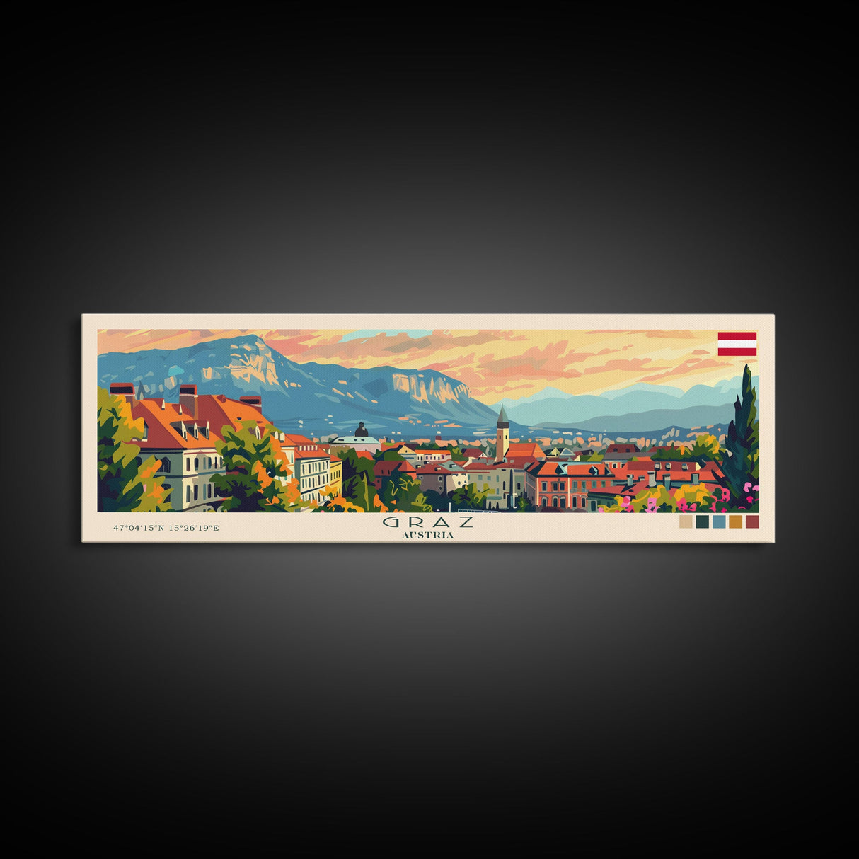 Graz Austria Wall Art, Panoramic Travel Poster, Panoramic Framed Canvas Print, City Wall Art, Wall Hanging Home Decor, Travel Art