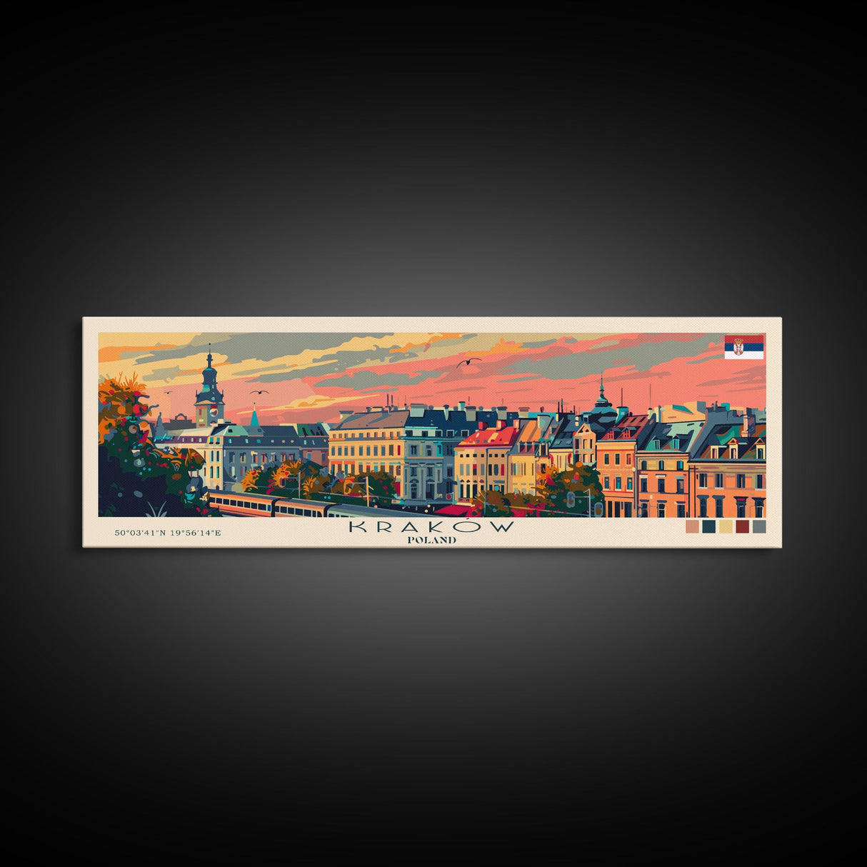 Krakow Poland Travel Art, City Art, Framed Canvas Print or Metal Wall Art, Europe Travel Poster, Panoramic Wall Art, Extra Wide Wall Art