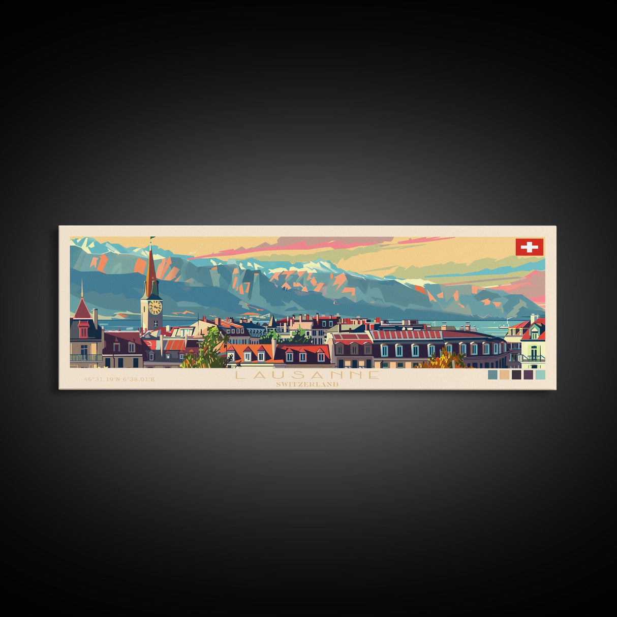 Lausanne Switzerland Travel Art, City Art, Framed Canvas Print or Metal Wall Art, Europe Travel Poster, Panoramic Wall Art, Extra Wide Wall Art