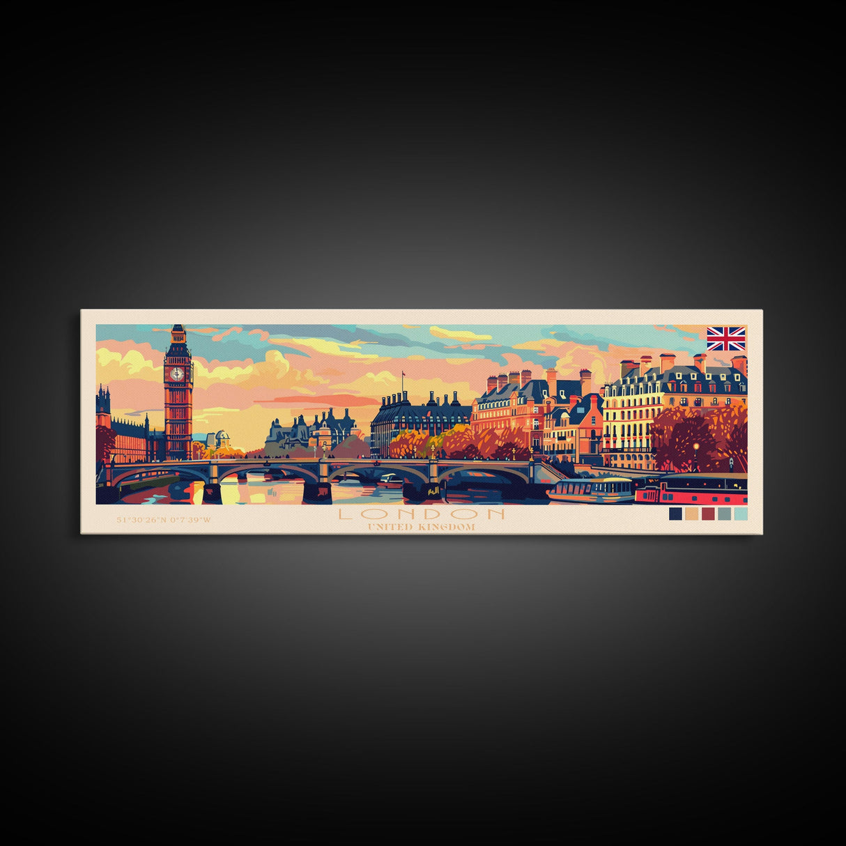 London United Kingdom Panoramic Travel Poster, Framed Canvas Print or Metal Wall Art, Travel Art, Home Decor, Panoramic Painting, Midcentury Art