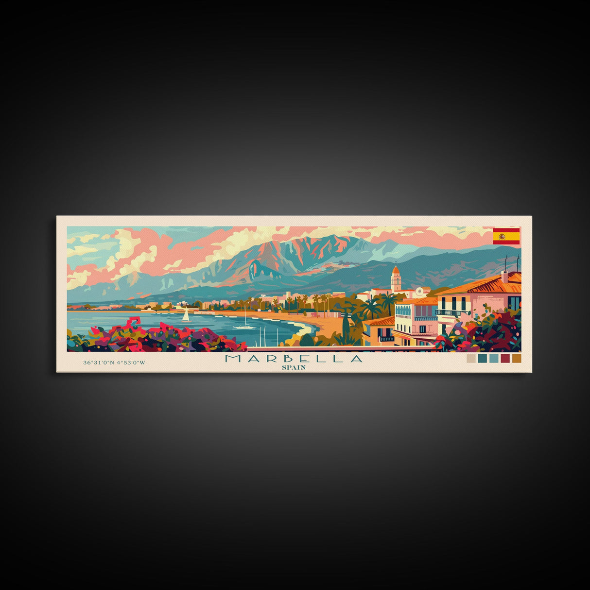 Marbella Spain Travel Art, City Art, Framed Canvas Print or Metal Wall Art, Europe Travel Poster, Panoramic Wall Art, Extra Wide Wall Art