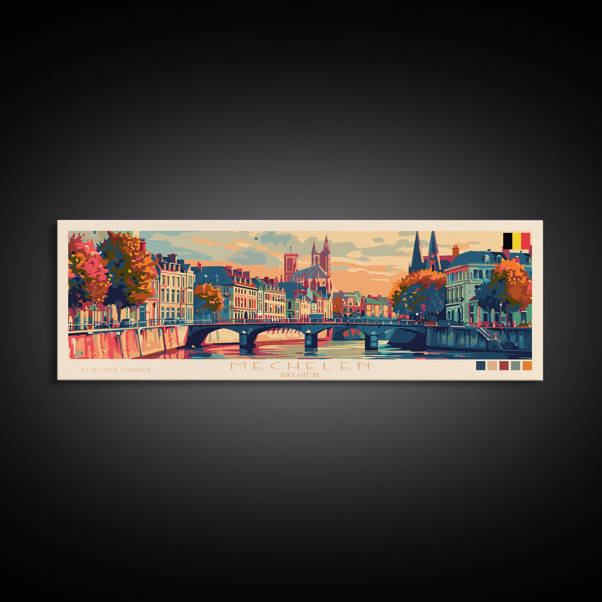 Mechelen Belgium Panoramic Travel Poster, Framed Canvas Print or Metal Wall Art, Travel Art, Home Decor, Panoramic Painting, Midcentury Art