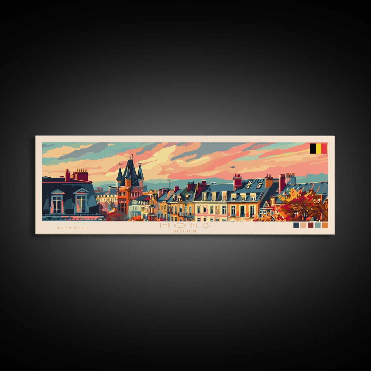 Mons Belgium Panoramic Travel Poster, Framed Canvas Print or Metal Wall Art, Travel Art, Home Decor, Panoramic Painting, Midcentury Art