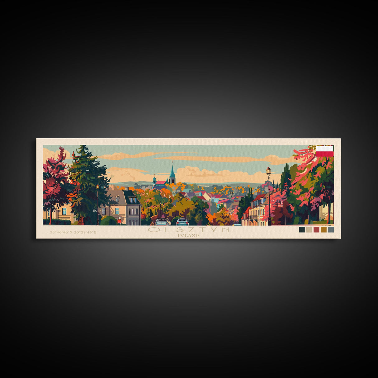 Olsztyn Poland Panoramic Travel Poster, Framed Canvas Print or Metal Wall Art, Travel Art, Home Decor, Panoramic Painting, Midcentury Art