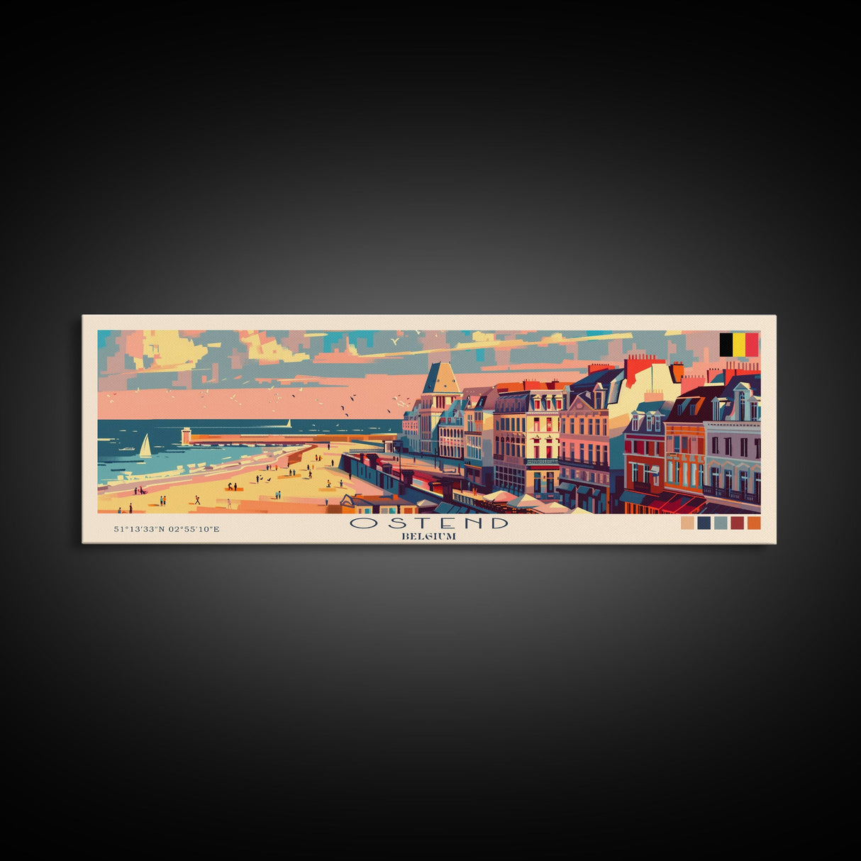 Ostend Belgium Panoramic Travel Poster, Framed Canvas Print or Metal Wall Art, Travel Art, Home Decor, Panoramic Painting, Midcentury Art