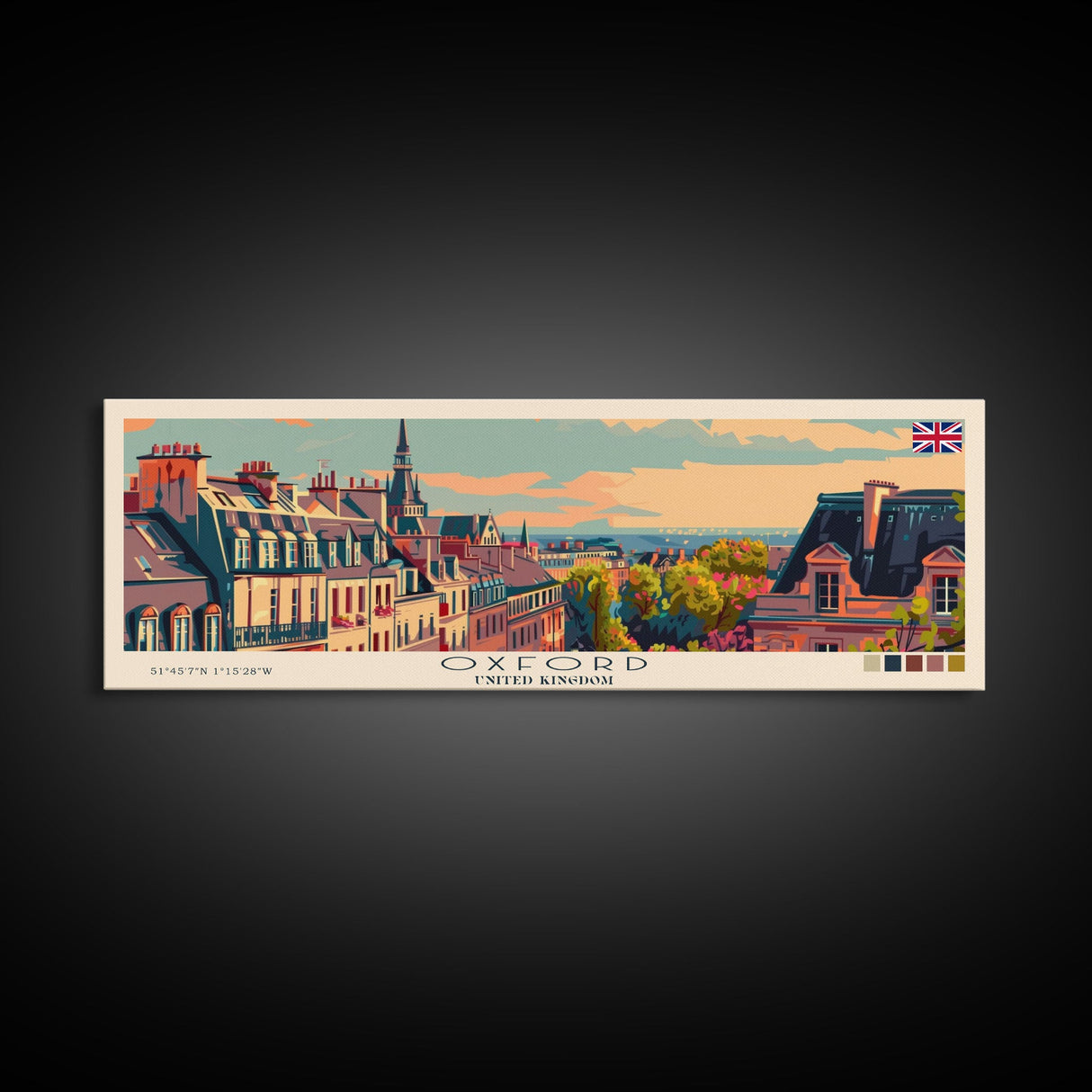 Oxford United Kingdom Panoramic Travel Poster, Framed Canvas Print or Metal Wall Art, Travel Art, Home Decor, Panoramic Painting, Midcentury Art