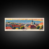 Pécs Hungary Panoramic Travel Poster, Framed Canvas Print or Metal Wall Art, Travel Art, Home Decor, Panoramic Painting, Midcentury Art