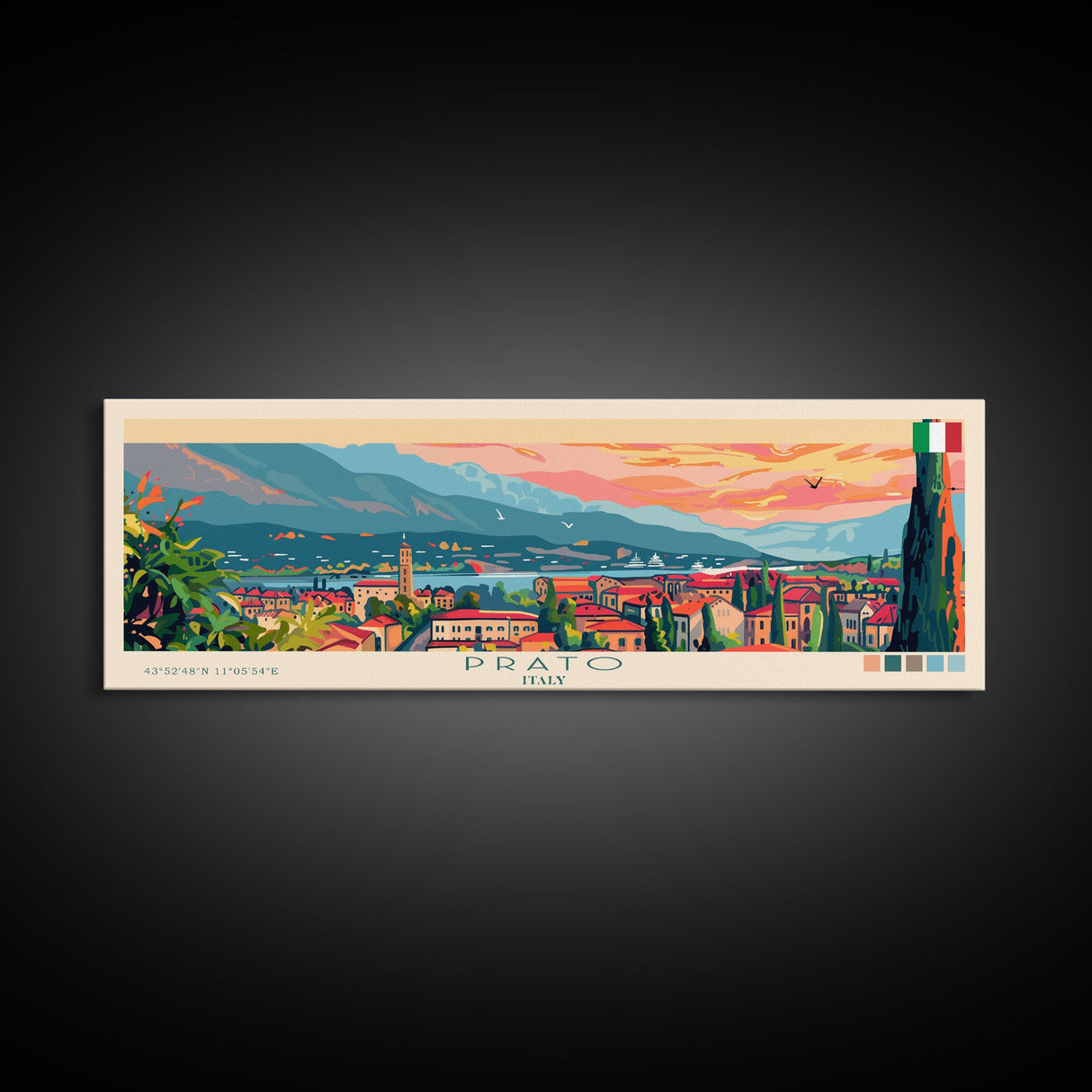 Prato Italy Panoramic Travel Poster, Framed Canvas Print or Metal Wall Art, Travel Art, Home Decor, Panoramic Painting, Midcentury Art