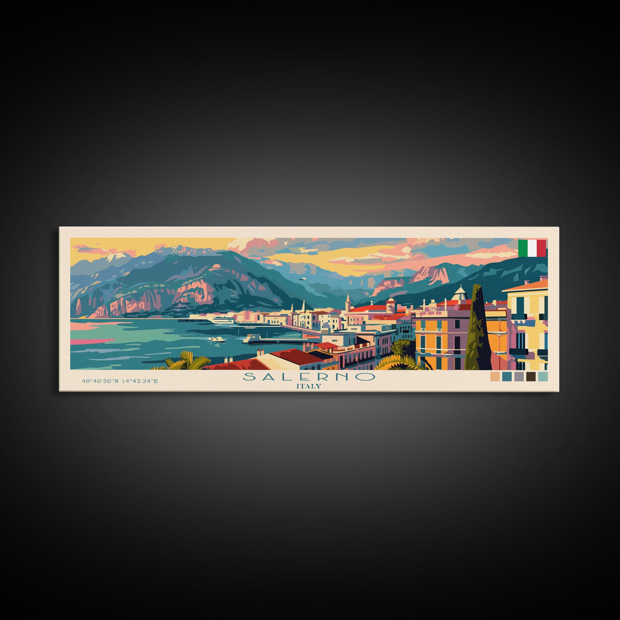 Salerno Italy Travel Art, City Art, Framed Canvas Print or Metal Wall Art, Europe Travel Poster, Panoramic Wall Art, Extra Wide Wall Art