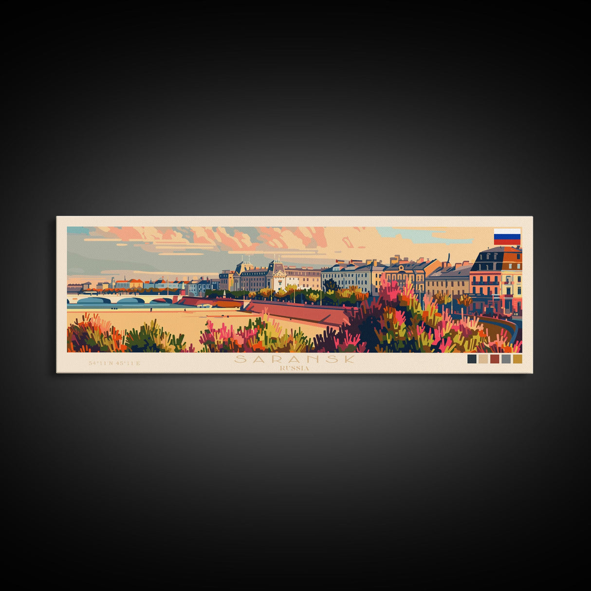 Saransk Russia Panoramic Travel Poster, Framed Canvas Print or Metal Wall Art, Travel Art, Home Decor, Panoramic Painting, Midcentury Art