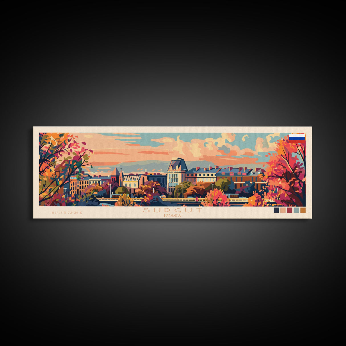 Surgut Russia Panoramic Travel Poster, Framed Canvas Print or Metal Wall Art, Travel Art, Home Decor, Panoramic Painting, Midcentury Art